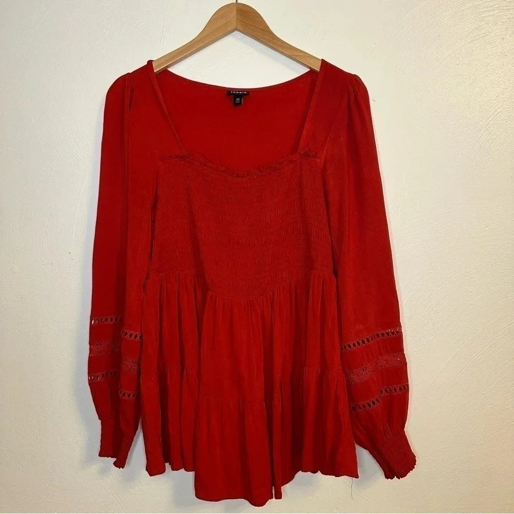 Torrid Babydoll Rayon Slub Lace Inset Smocked Tiered Top Red 00(b2